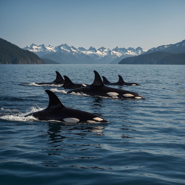 a group of killer whales swimming in the water one of them has a white beak