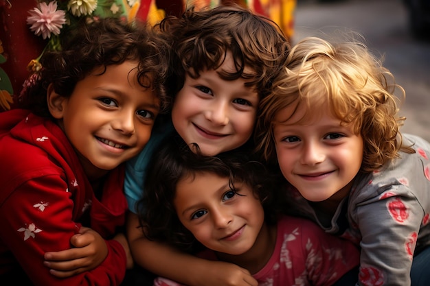 Group of kindergarten kids friends arm around sitting and smiling fun