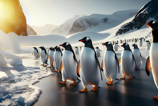 Group of king penguins in snowy arctic habitat