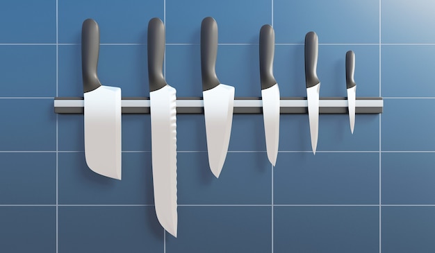 Photo group of kitchen knives on a magnetic stand in the kitchen in 3d rendering