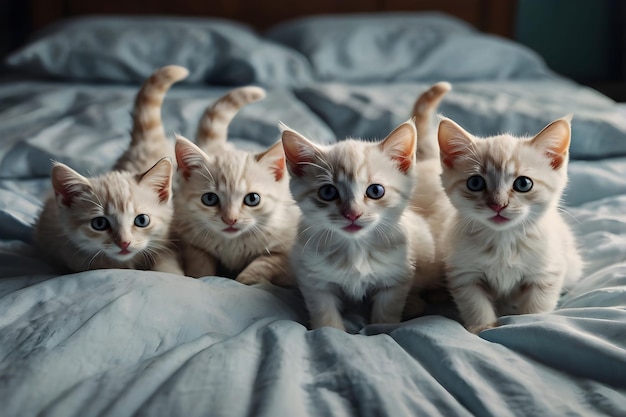 a group of kittens are laying on a bed