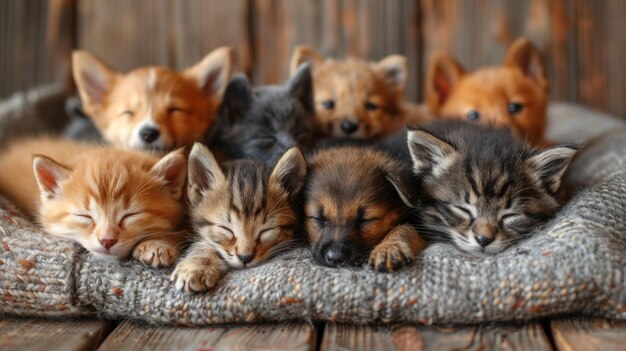 Photo a group of kittens and puppies sleeping together on a fuzzy blanket