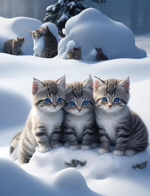 A group of kittens sitting on top of a snow covered ground