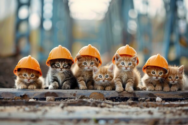 Photo a group of kittens wearing orange hard hats generative ai image