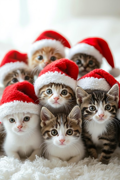 Photo a group of kittens wearing santa hats sitting on top of a white blanket