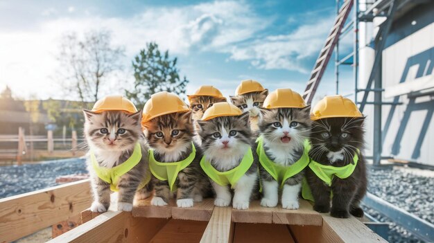 Photo a group of kittens wearing yellow hats and one has a yellow hat on it