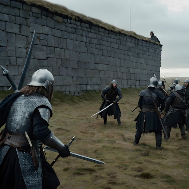 a group of knights are standing in front of a stone wall