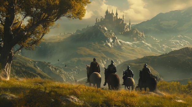 Photo group of knights on horseback riding through a picturesque countryside