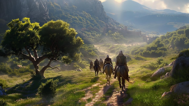 Photo group of knights on horseback riding through a picturesque countryside