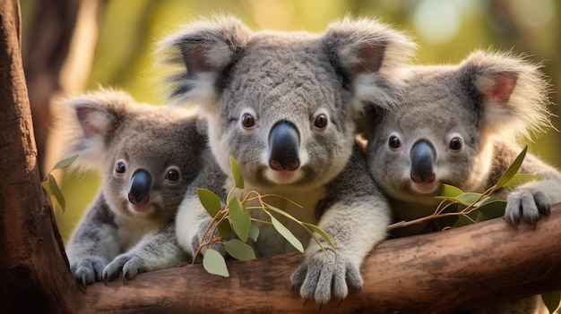 A group of koalas peacefully sit on a tree branch high above the ground