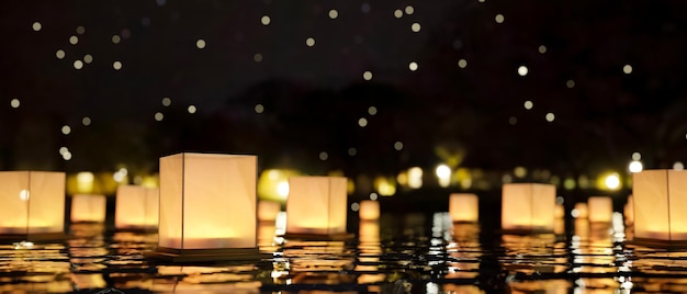 Group of lantern floating on the lake at night Loy Krathong Festival Chinese paper floating lanterns