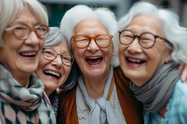 group of laughing aged peole with silver hair