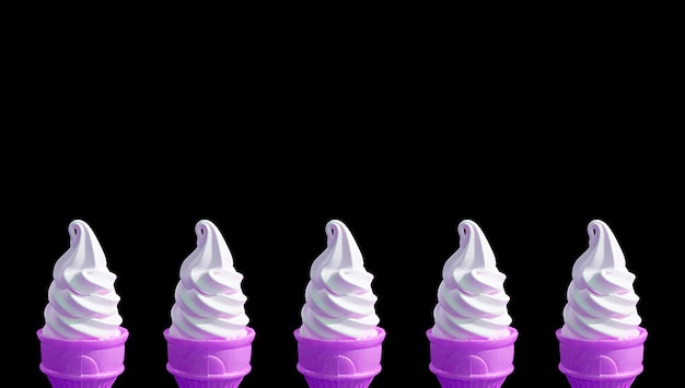 Group of Lavender Purple Soft Serve Ice Cream Cones on Black Background