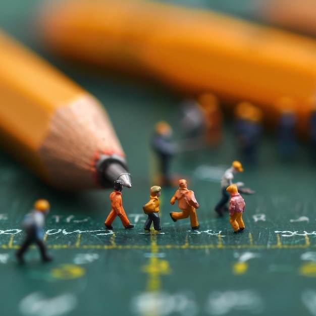 a group of lego figures are on a table with a pencil in the middle