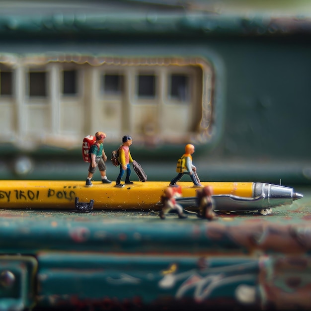 Photo a group of lego figures are on a table with a pencil