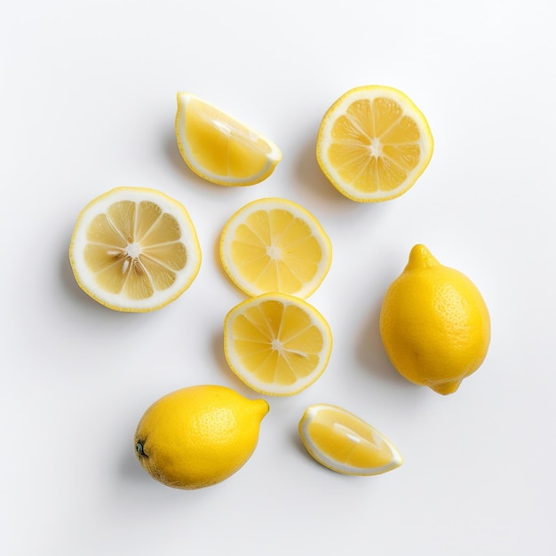 A group of lemons are on a white background with a few lemons.