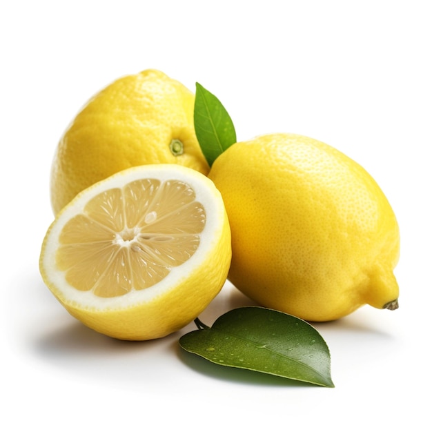 A group of lemons with a green leaf on the right side with a white background