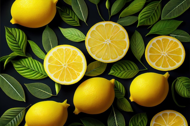 A group of lemons with leaves on a black background generative AI