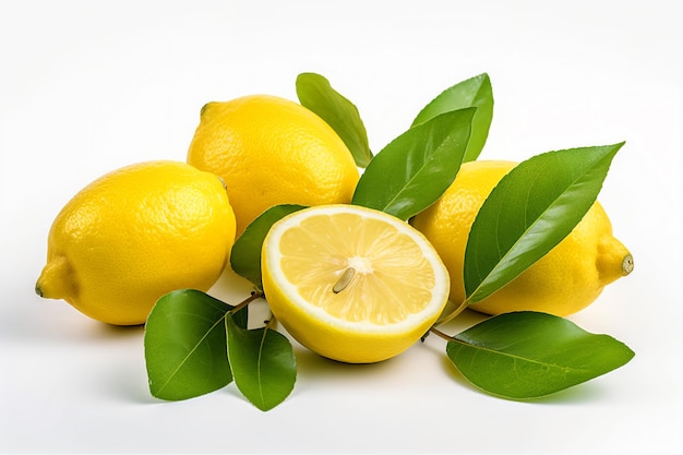 a group of lemons with leaves on a white surface