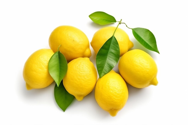 a group of lemons with leaves on a white surface