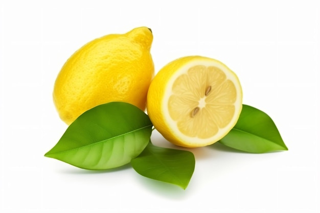 a group of lemons with leaves on a white surface