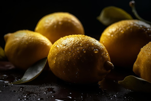 A group of lemons with water droplets on them