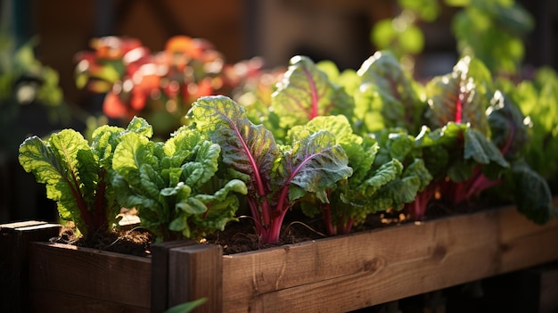 Group of lettuce plants growing in wooden planter box Generative Ai