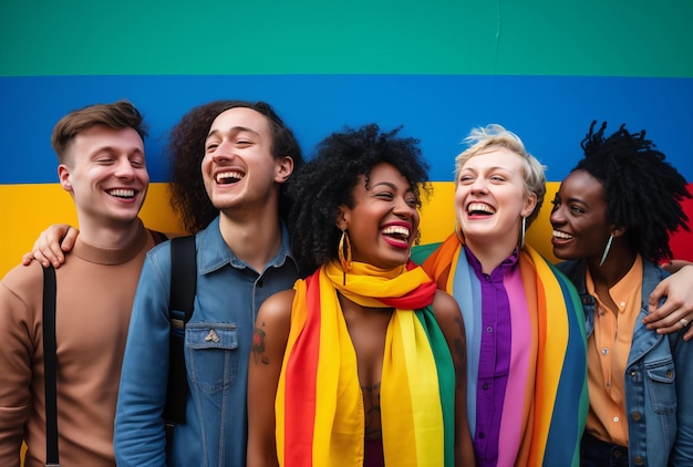 A group of LGBTQ friends celebrating pride dressed in colorful attire and smiling joyfully against a vibrant background