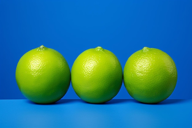 Photo a group of limes on a blue surface