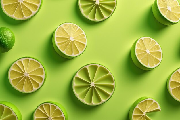 A group of limes cut in half on a green surface generative AI