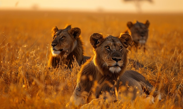 a group of lions are laying in the grass