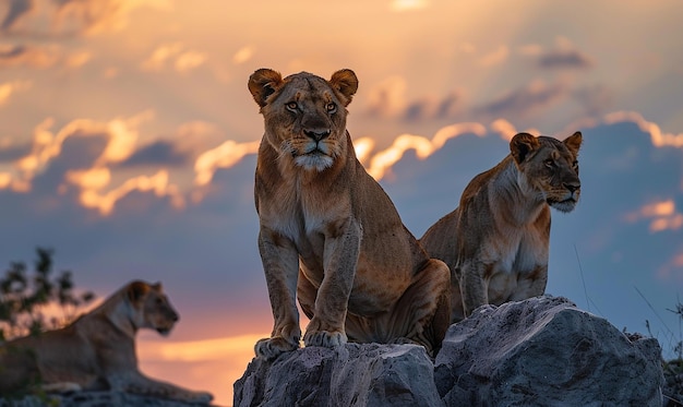 a group of lions sitting on rocks at sunset