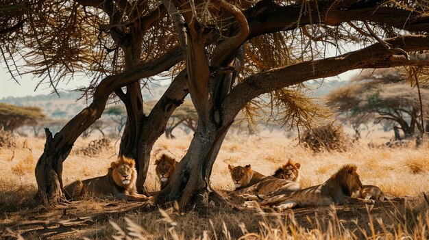 a group of lions under a tree