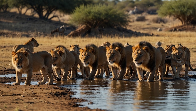 Photo group of lions walking in a river