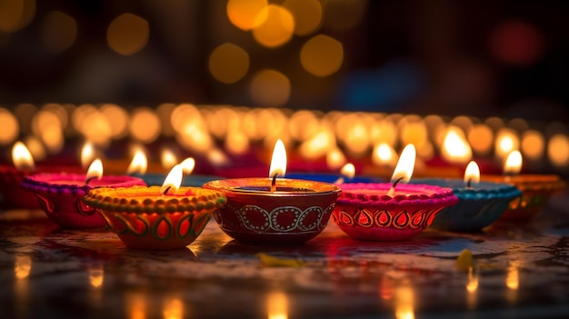 A group of lit candles in front of a background of lights