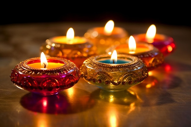 A group of lit candles with the word diwali on the bottom.