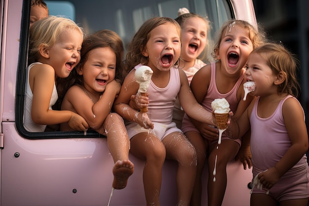 A group of little girls sitting in the back of a pink truck