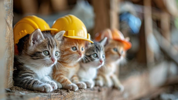 Photo group of little kittens with orange hard hat on the wooden background