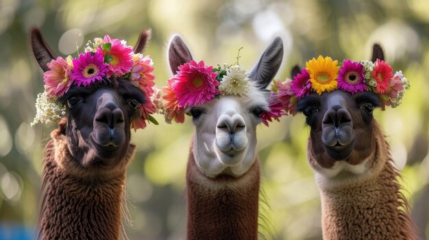 a group of llamas with flowers on their heads Llamas posing with flower crowns