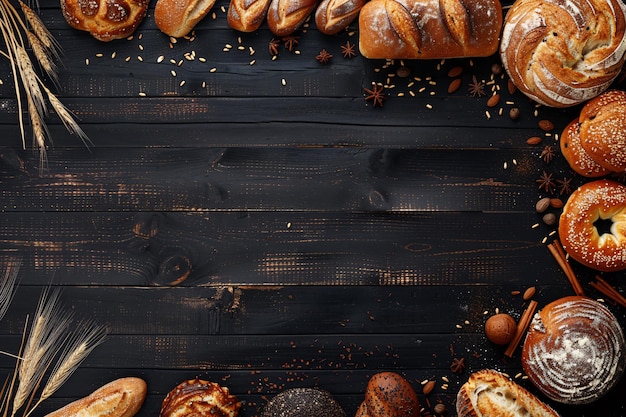 a group of loaves of bread on a black surface