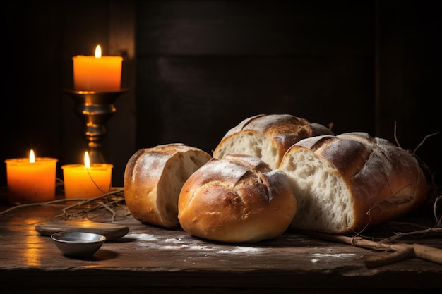 a group of loaves of bread on a table with a candle