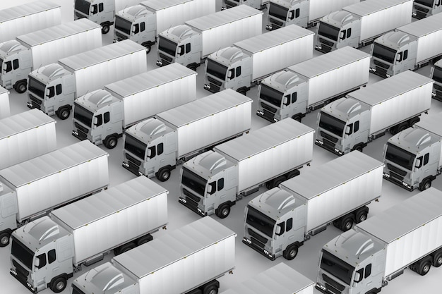 Group of logistic trailer trucks or lorries terminal on white background