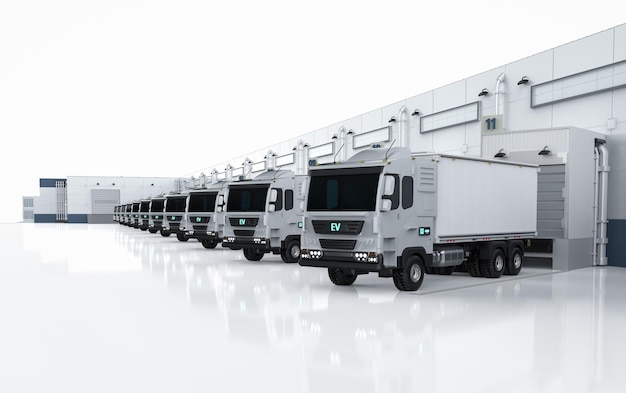 Group of logistic trailer trucks or lorries at warehouse