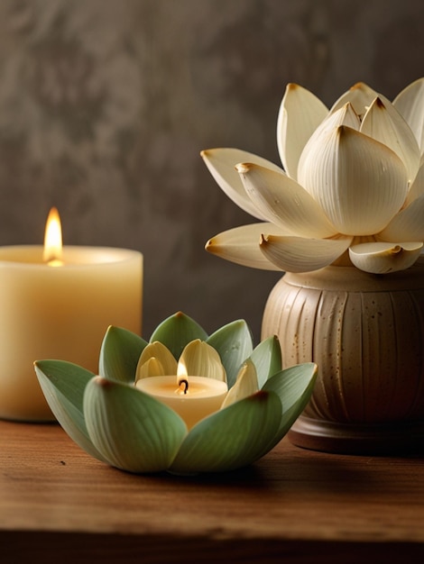 Photo a group of lotus flowers and candles on a table