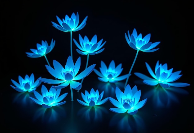 a group of lotus flowers with the blue glow of the water