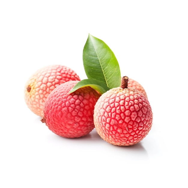 A group of lychee fruit with green leaves on a white background.