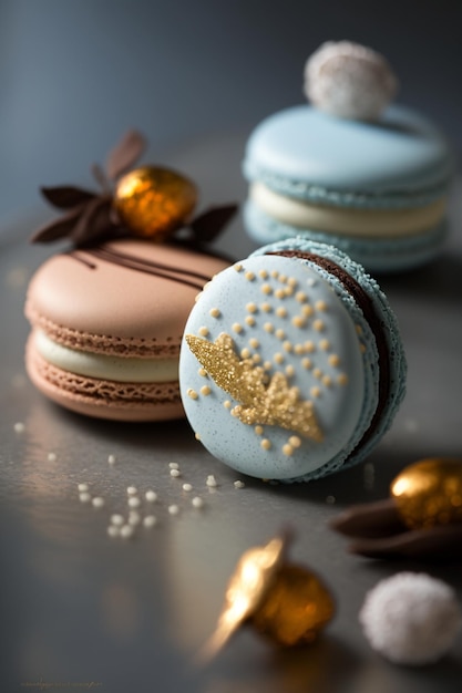 A group of macaroons are on a table with gold decorations