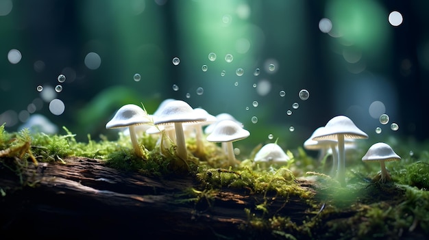 Group of magical glowing white mushrooms