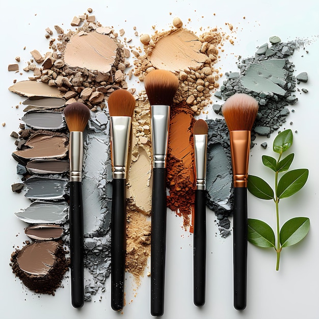 A group of makeup brushes sitting next to each other on a table with a leaf on it and a few other