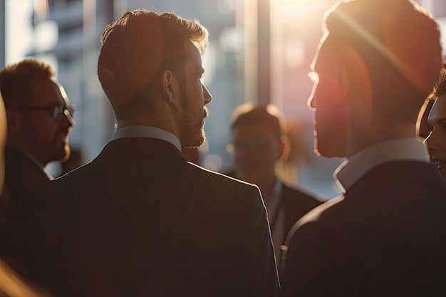 Photo group of male professionals networking at a business conference with copy space